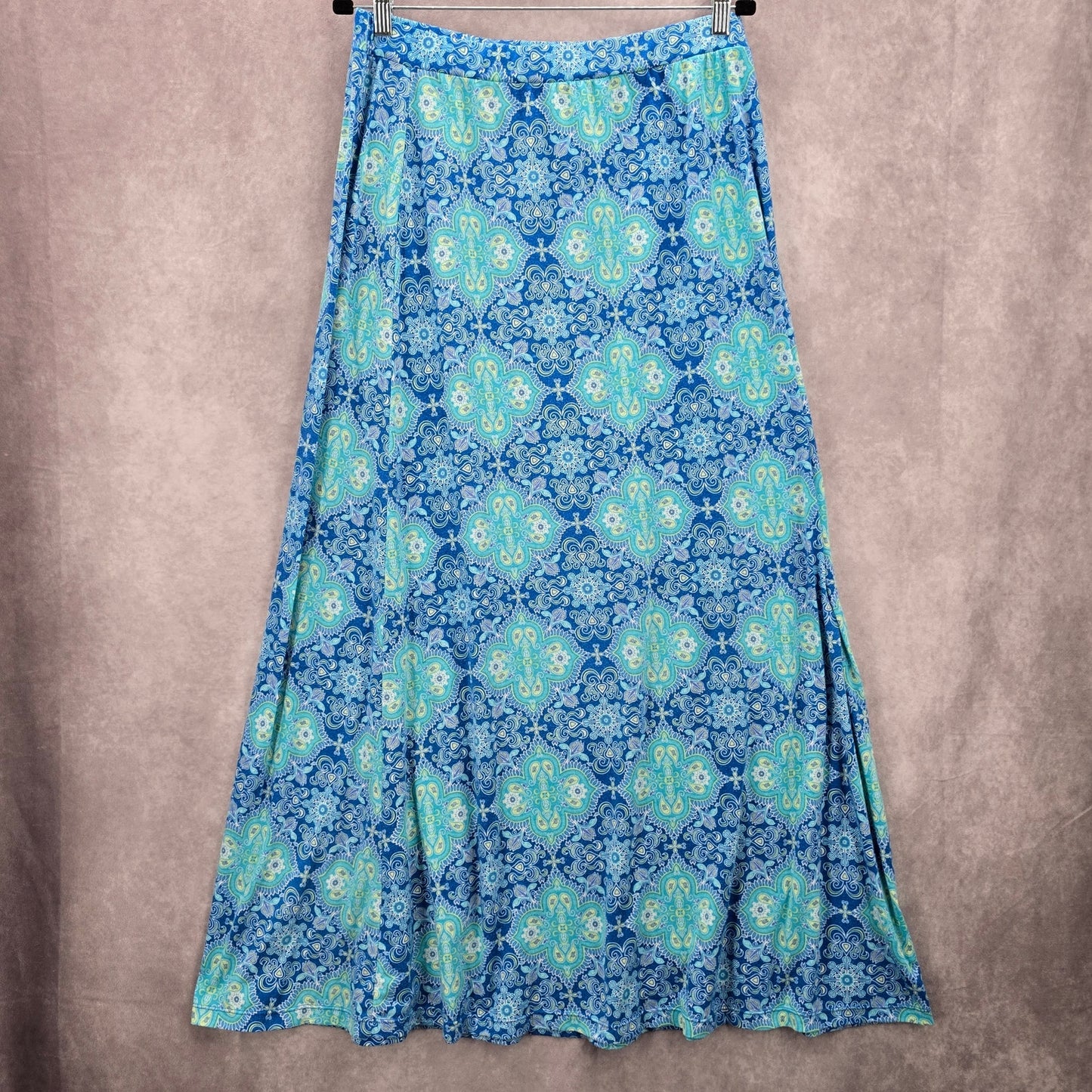 Mix & Co Blue Floral Paisley Boho Maxi Long Stretch Flare Skirt Plus 2X