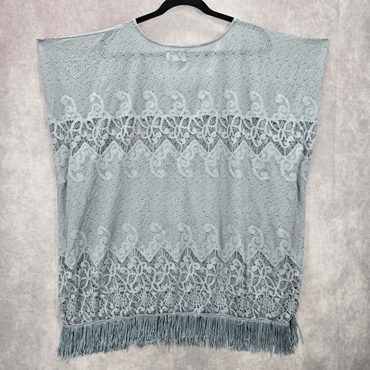 Arianna by Howards Gray Lace Fringe Boho Beach Swim Cover Up Duster Kimono XL