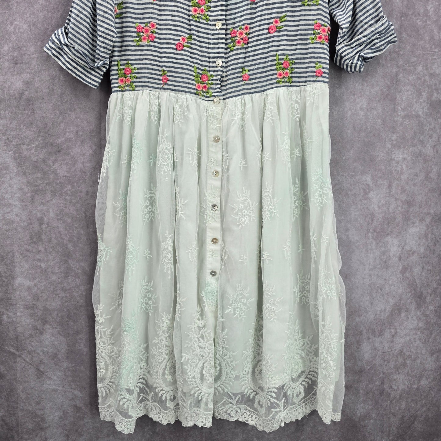 Bombay Paisley Blue Striped Lace Knee Length Button Down Dress Size XS