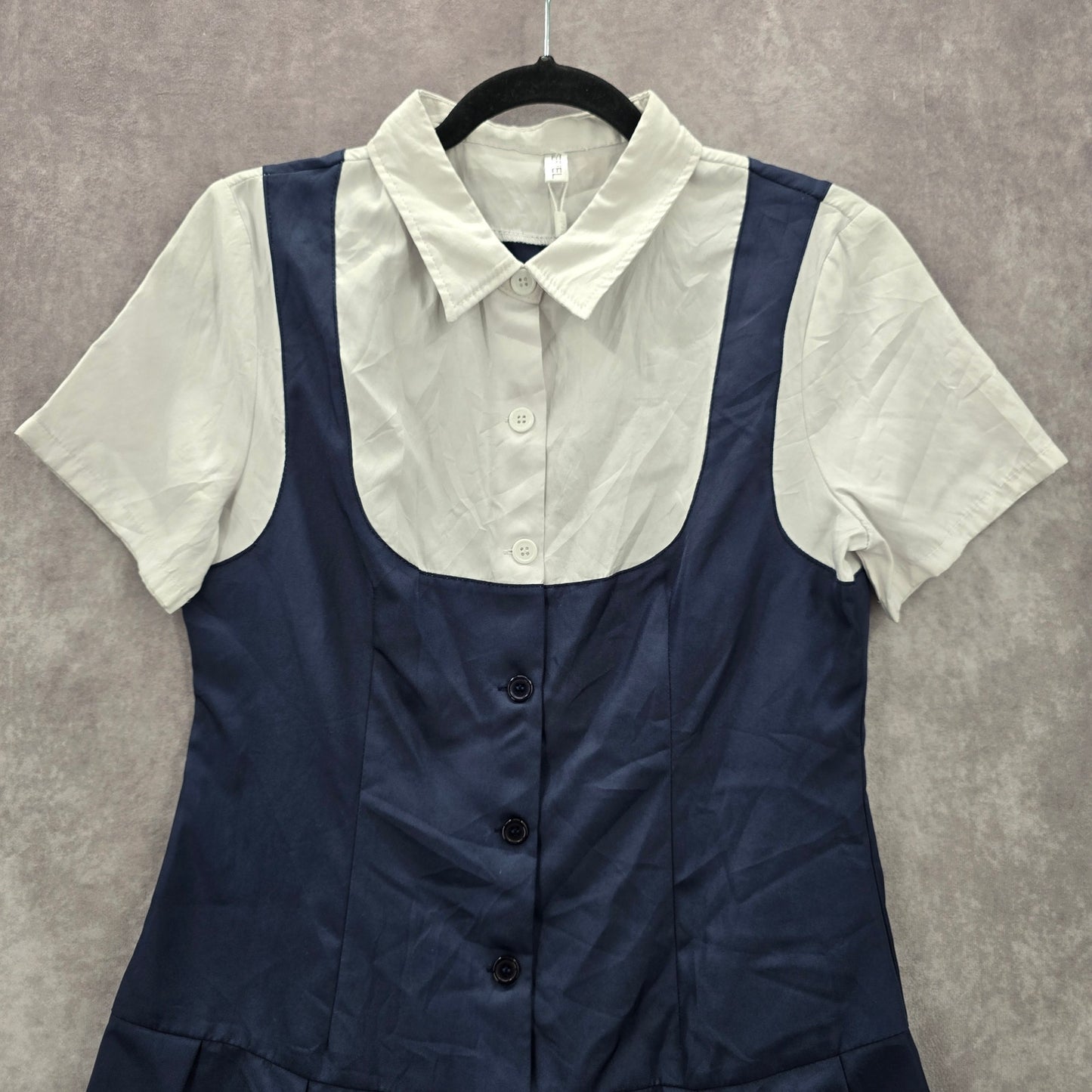 iEFiEL Blue White Short Sleeve Button Down Uniform 3 in 1 Top Medium