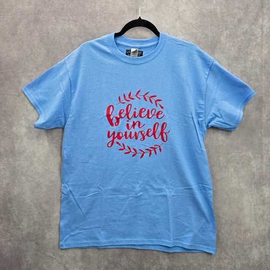 Believe in Yourself Blue Boho Leaf Handmade Red Cotton Tshirt Large