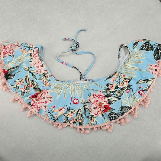 Blue Floral Bra Halter Cold Shoulder Beach Boho Bikini Bralette Swim Top S Small