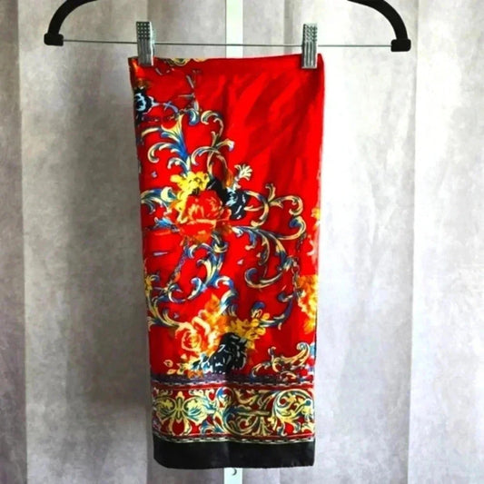Zara Red Black Gold Floral Satin Silk Paisley Leaf Scroll Patterned Square Scarf