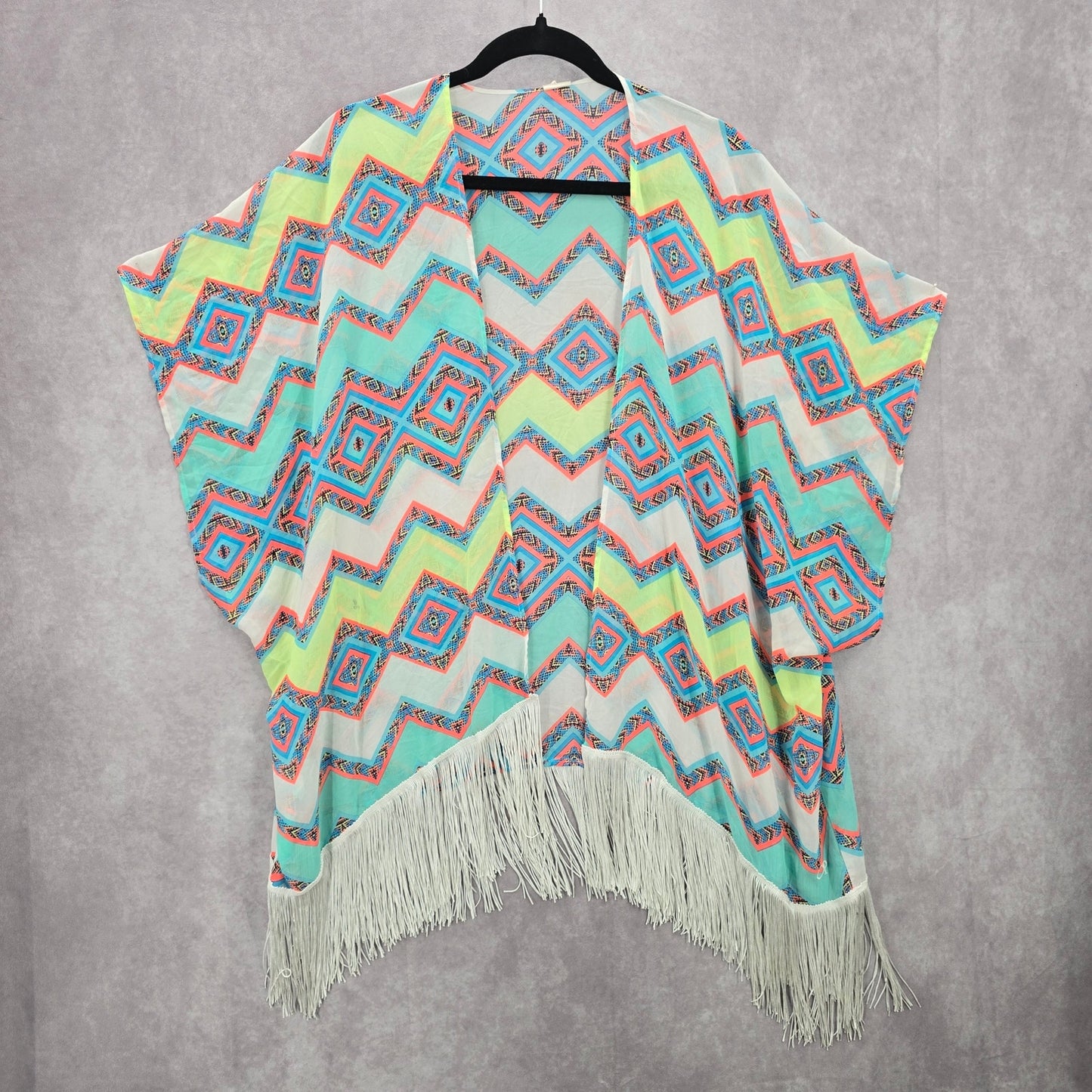 OP White Chevron Wrap Fringe Boho Beach Swim Cover Up Duster Kimono Medium M 7-9