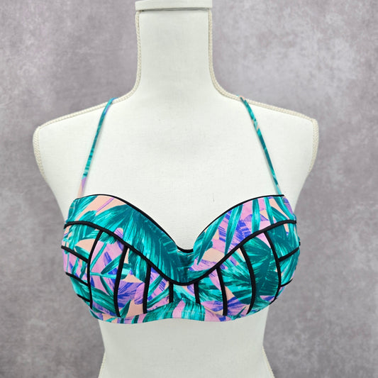 Shade & Shore Green Tropical Padded Wired String Tie Bikini Top Swimwear 34B