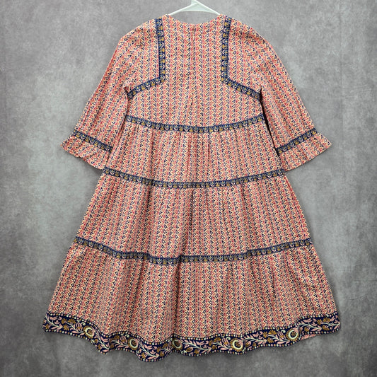 Yellow Pink Blue Long Sleeve Flare Floral Print Embroidered Cotton Dress 10