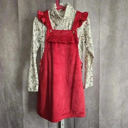 Tahari Red Ruffle Overall Jumper 2 Piece Long Sleeve Dress Holiday Girls Size 7