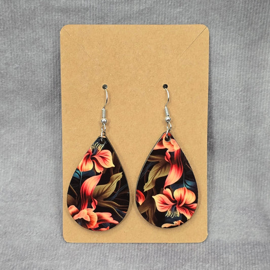 Black Teardrop Floral Hook Handmade Earrings #JB1E5