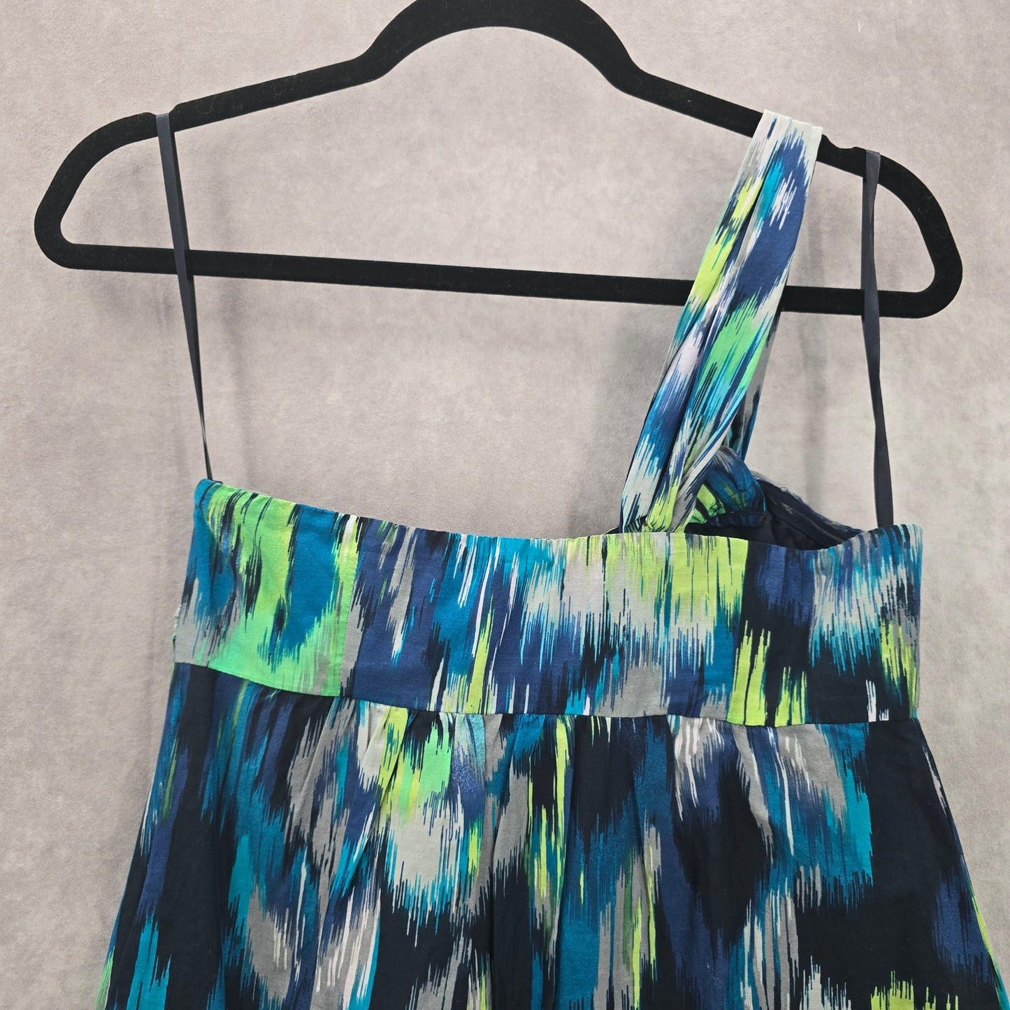 Ann Taylor Blue Green Thick One Shoulder Mini Midi Flare Abstract Dress XS 2
