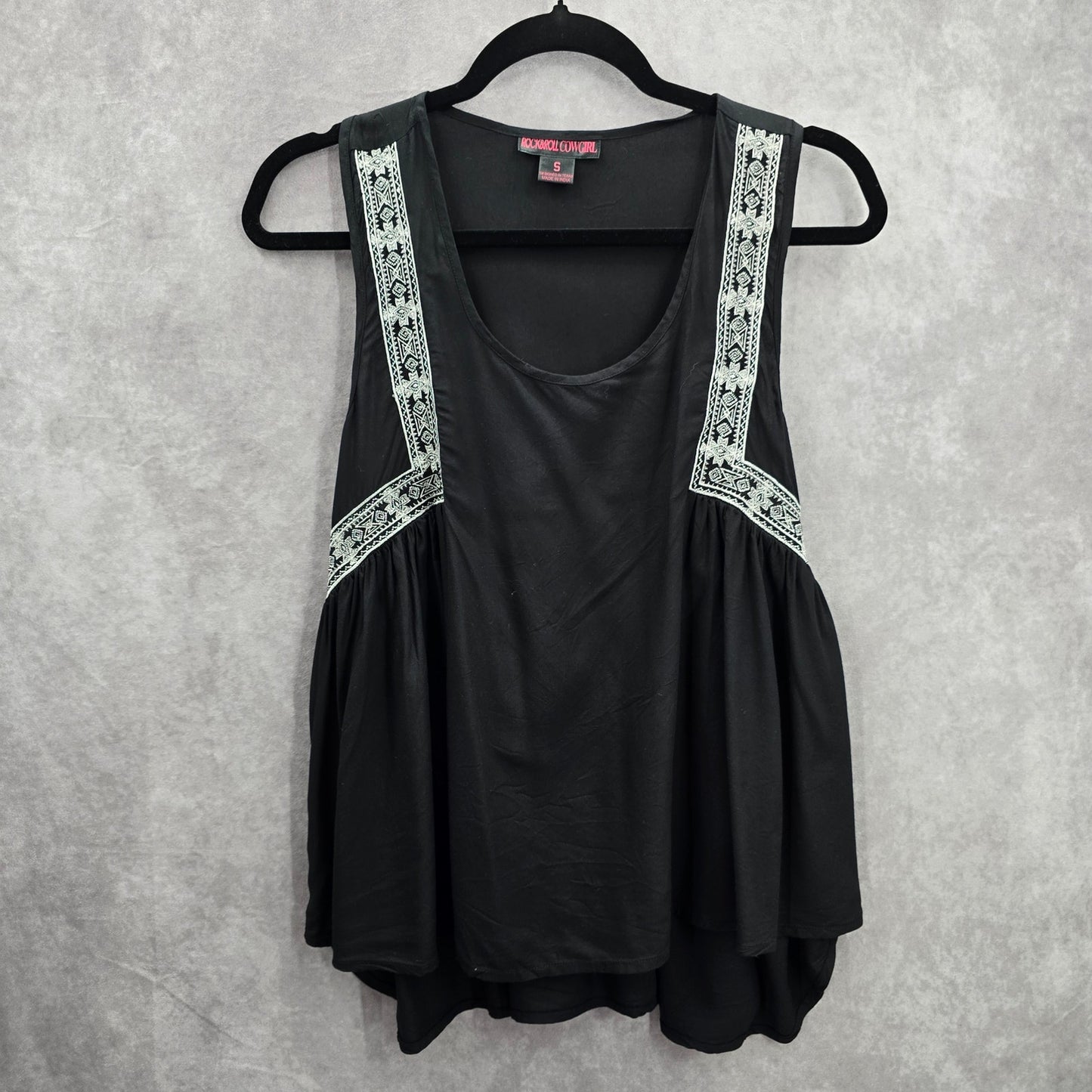 Rock & Roll Cowgirl Black Sleeveless Embroidered Boho Western Flare Top Small