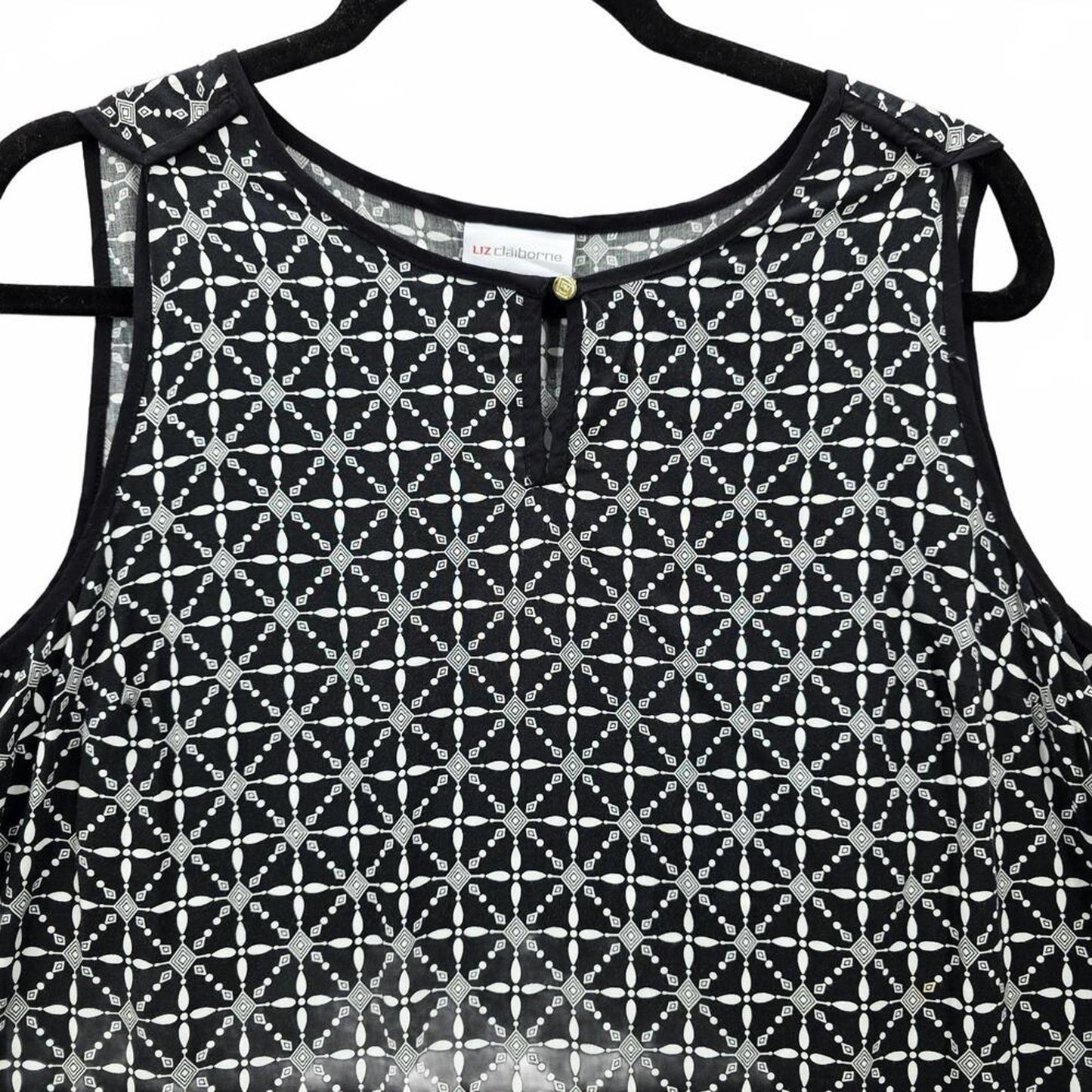 Liz Claiborne Black White Floral Sleeveless Tunic Top Shirt Blouse Medium