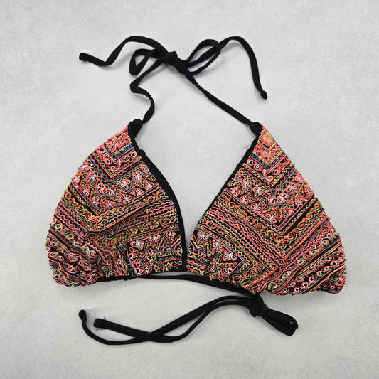 Black Bead Embroidered Halter Tie Active Sports Bikini Boho Beach Top S Small