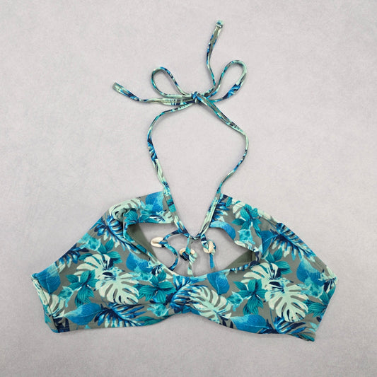 Reel Legends Blue Tropical Shell Tie Swim Sports Bra Beach Bikini Top M Medium