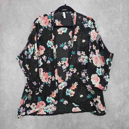 Xhilaration Black Floral Sheer Boho Flowy Beach Swim Cover Up Duster Kimono L/XL