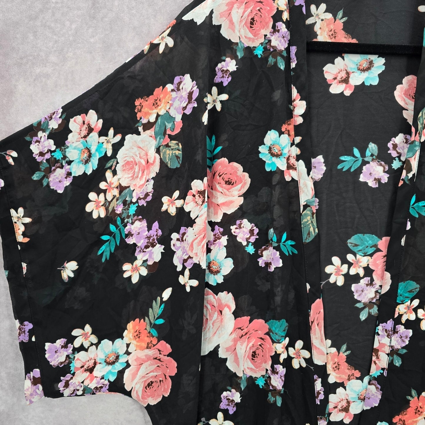 Xhilaration Black Floral Sheer Boho Flowy Beach Swim Cover Up Duster Kimono L/XL