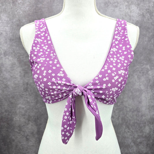 Purple White Floral Tie Front Padded Bikini Top Swimwear Medium