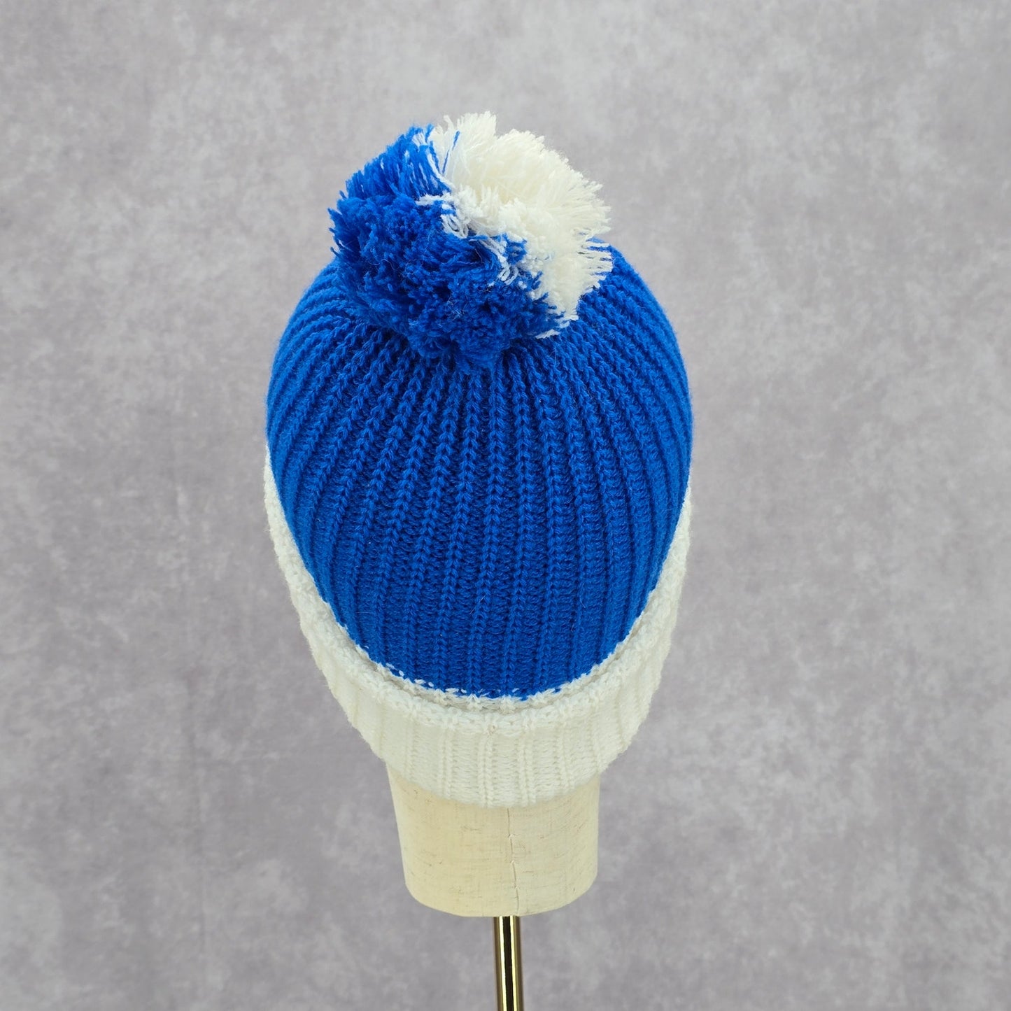 Blue White Pom Pom Crochet Knit Bucket Cap Hat Fun Vintage Y2K Funky Beanie