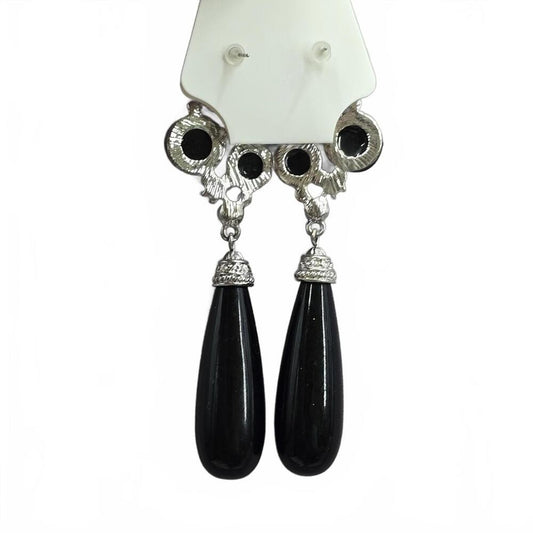 Black Silver Gem Rhinestone Long Drop Dangle Fashion Jewelry Earrings JB1-01
