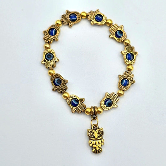 Evil Eye Owl Gold Bead Fashion Elastic Bracelet Charm Costume Jewelry