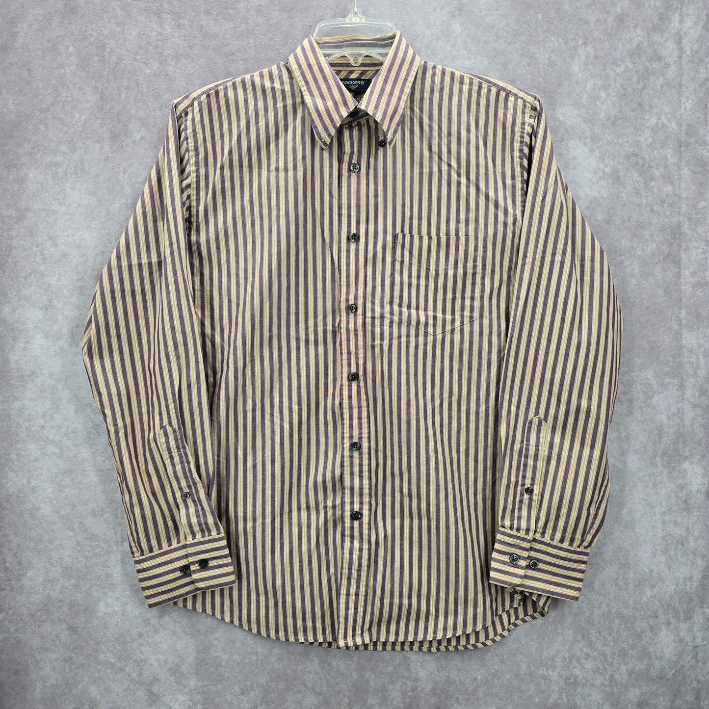 Dockers Button Down Long Sleeve Stripe Purple Cream Work Mens Shirt Medium
