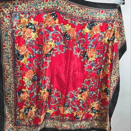 Zara Red Black Gold Floral Satin Silk Paisley Leaf Scroll Patterned Square Scarf