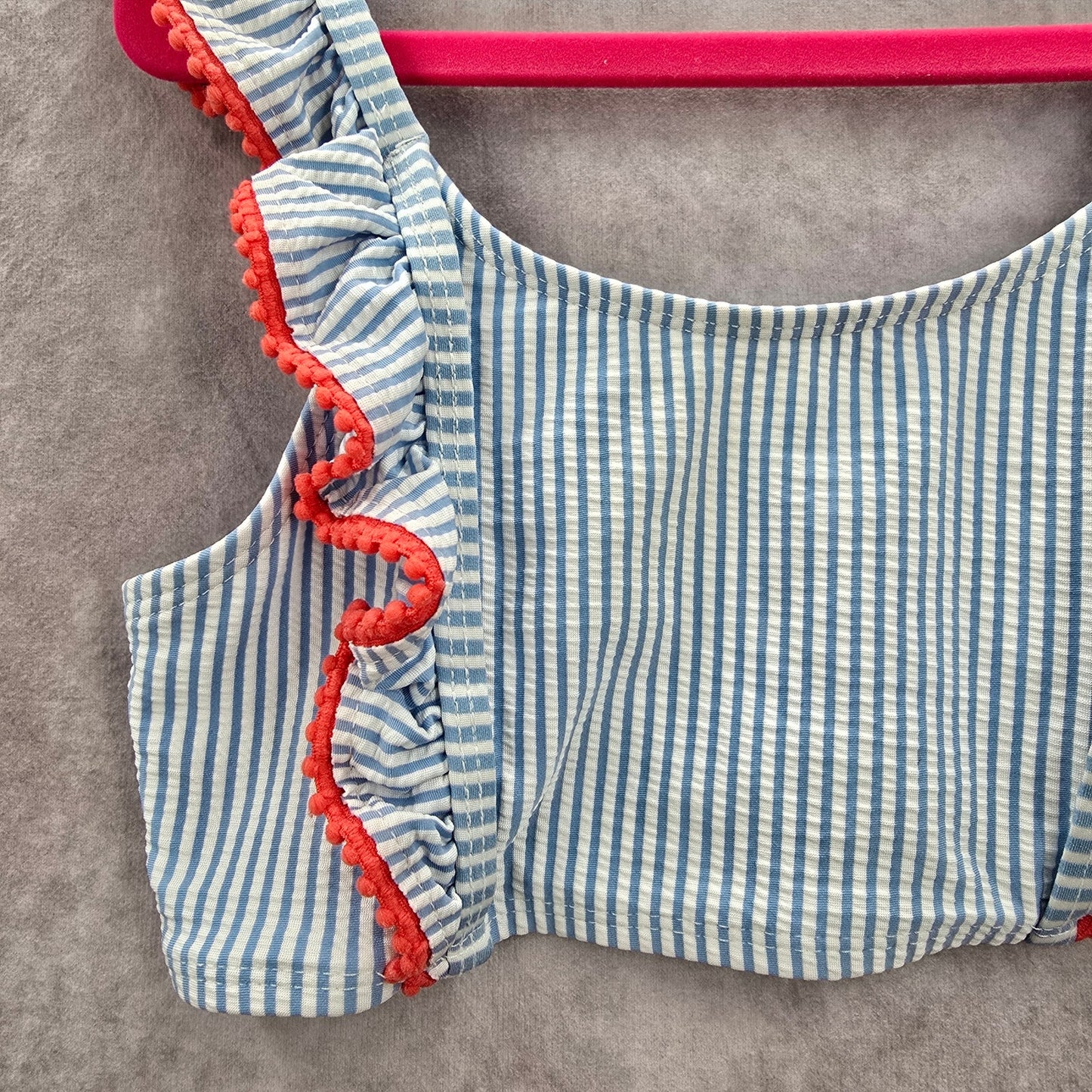 Cat & Jack Blue White Stripe Ruffle Ribbons Sleeveless Bikini Top Girls M 7/8
