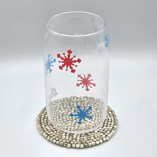 Snowflake Flower Red White Blue 16oz Beer Can Glass Cup NWT