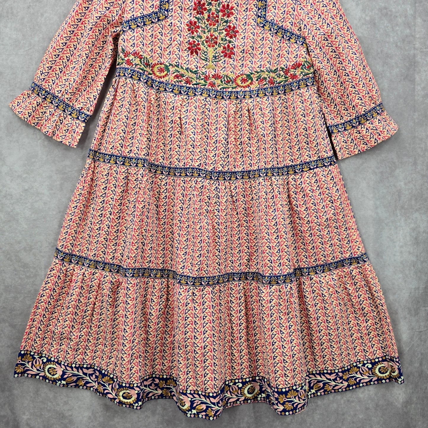 Yellow Pink Blue Long Sleeve Flare Floral Print Embroidered Cotton Dress 10