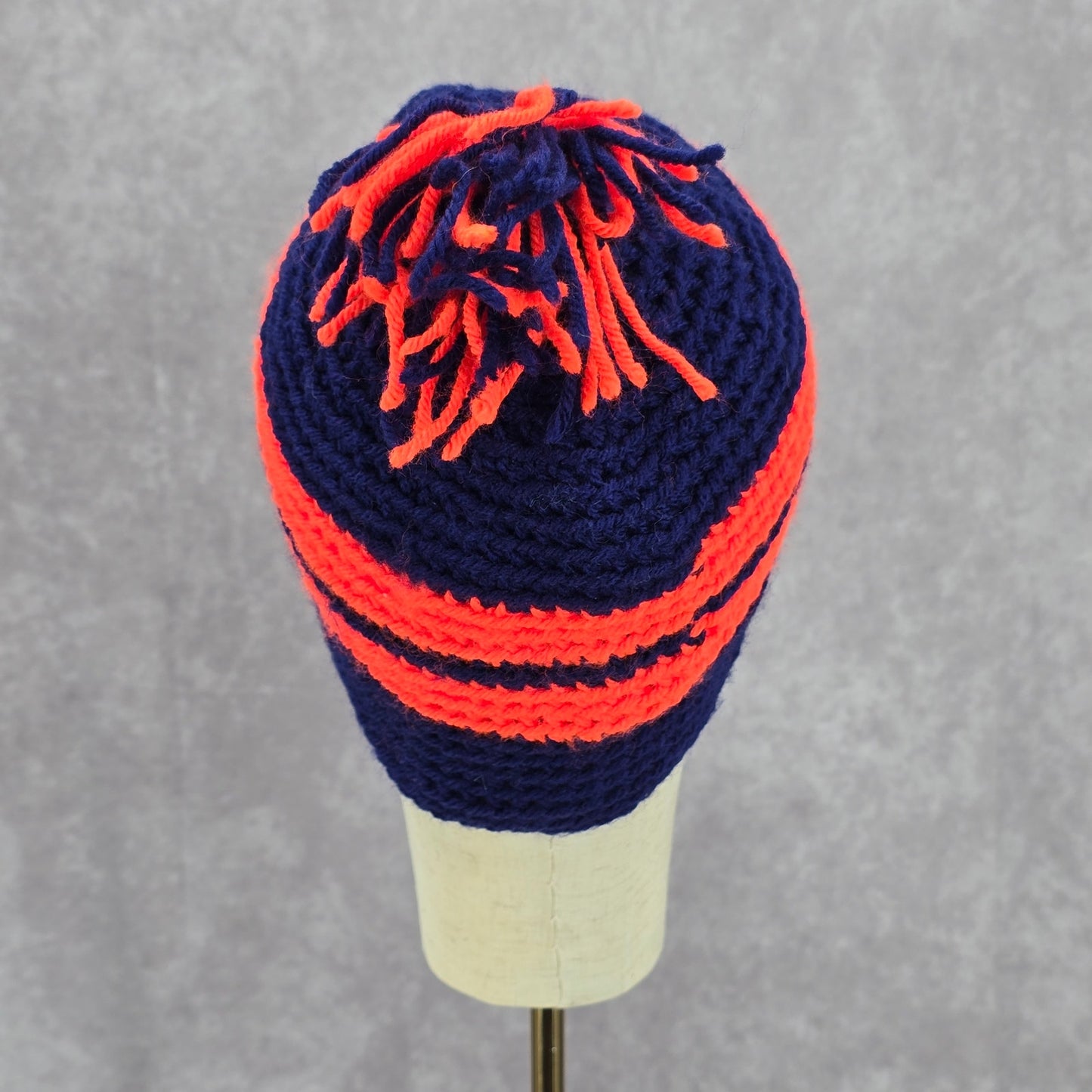 Blue Orange Stripe Pom Pom Crochet Knit Bucket Cap Hat Fun VTG Y2K Funky Beanie
