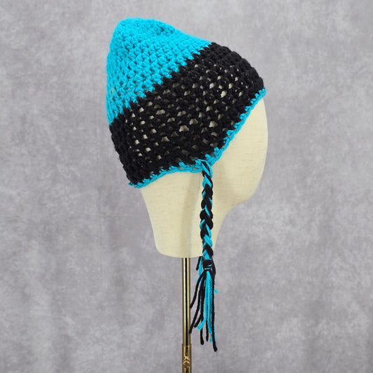 Blue Black Braid Pom Pom Tassel Crochet Funky Knit Bucket Cap Hat Beanie