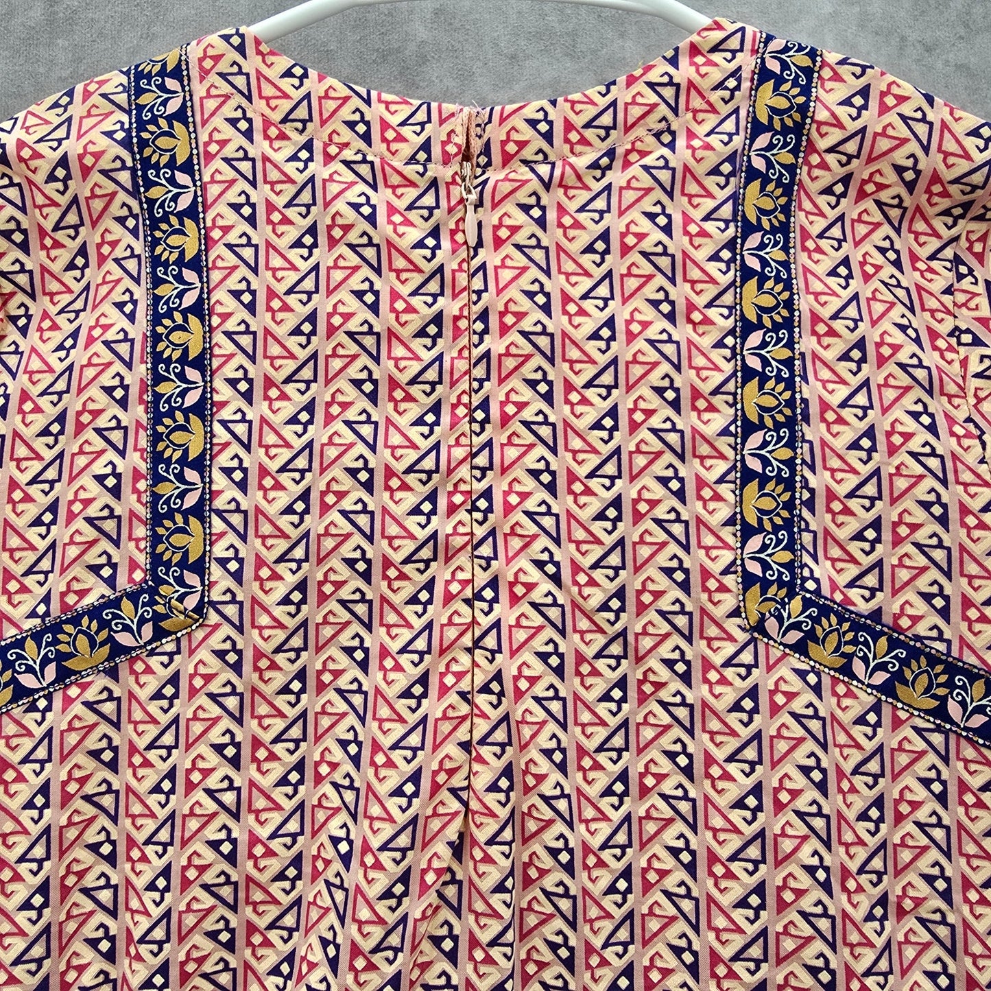 Yellow Pink Blue Long Sleeve Flare Floral Print Embroidered Cotton Dress 10