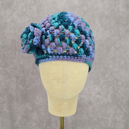 Blue Purple Crochet Knit Bucket Cap Hat Flower Vintage Y2K Beanie