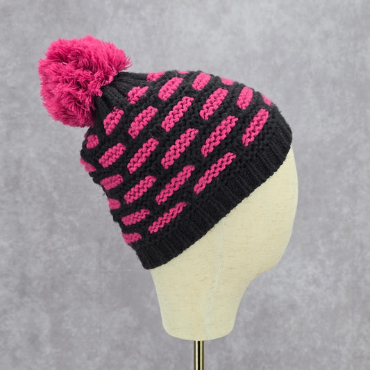 Vintage Y2K Cable Knit Black Purple Chunky Pom Pom Funky Beanie Hat