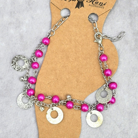 Pink Silver Bead Circle Rhinestone Charm Fashion Jewelry Foot Anklet JB2-36
