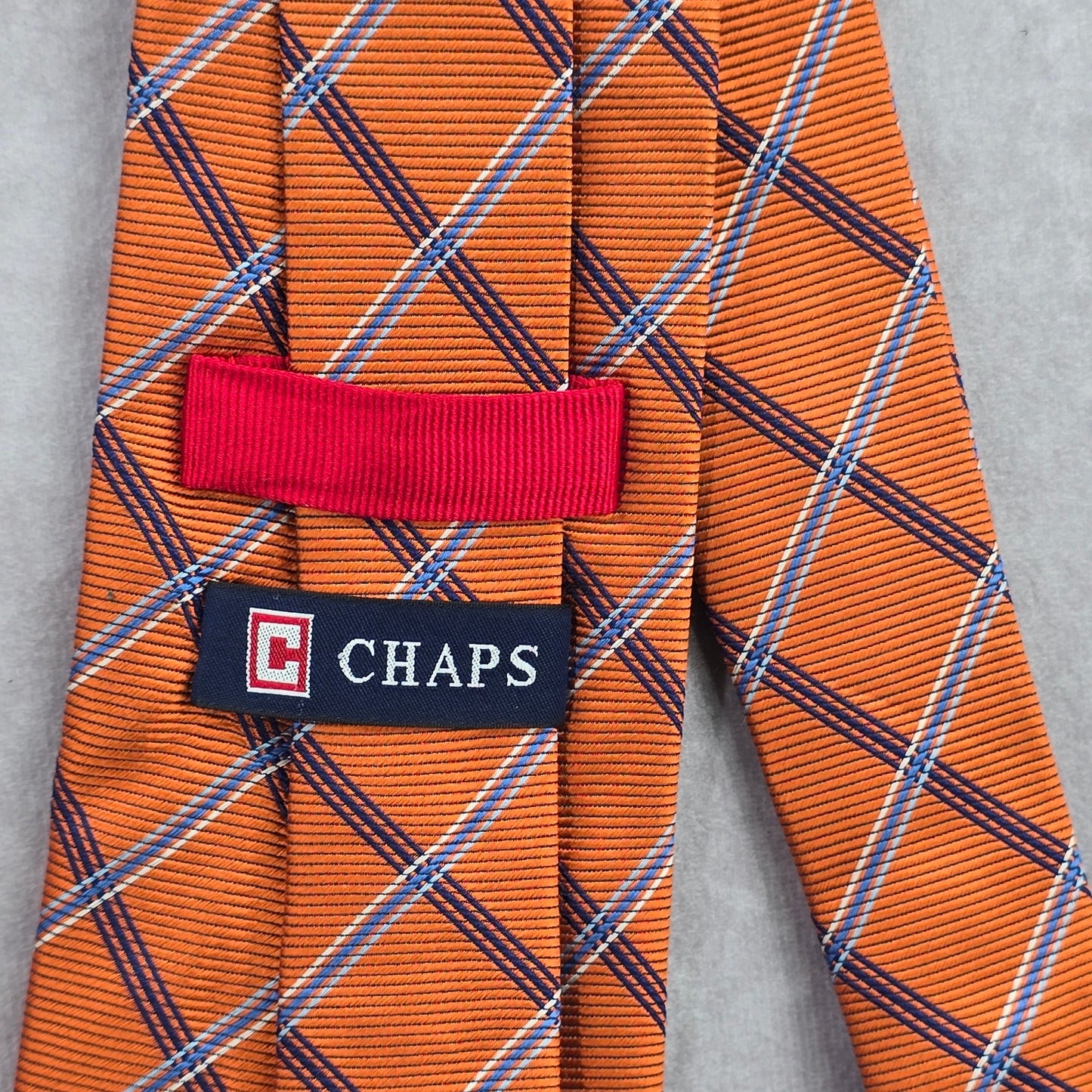 Chaps Orange Blue Plaid Tartan Stripe 100% Silk Handmade Men's Neck Tie NWOT