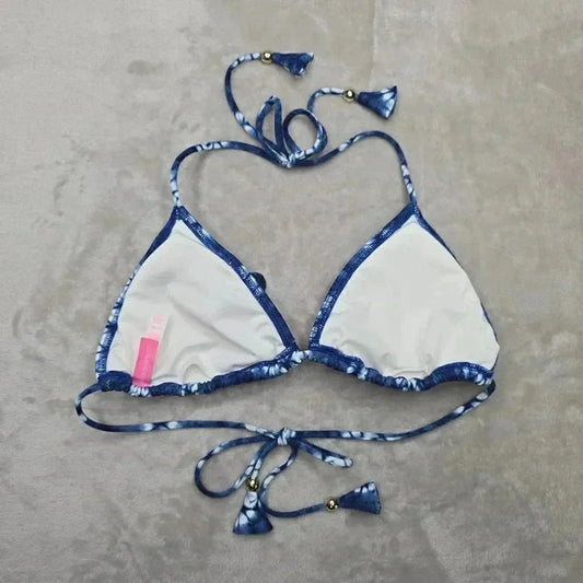 Victoria's Secret Blue White Bikini Top Tie Back Adjustable Swimwear Medium