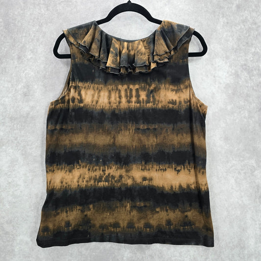 Lauren Ralph Lauren Black Brown Tie Dye Ruffle Blouse Tank Top Plus 1X