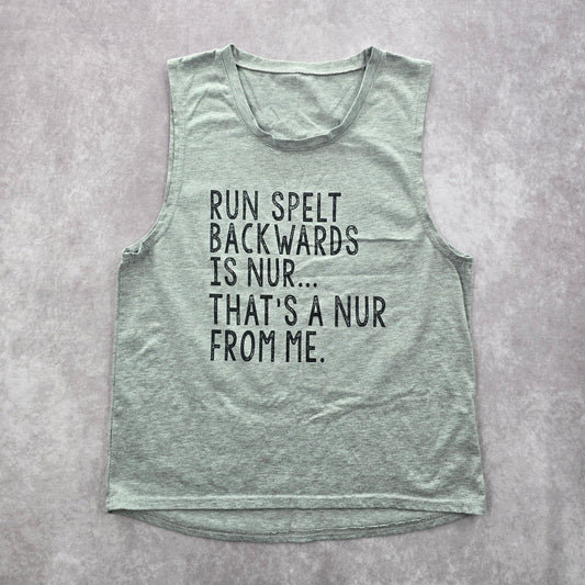 Gray Sleeveless Muscle Tshirt Tee Activewear Run Spelt Backwards Shirt Medium