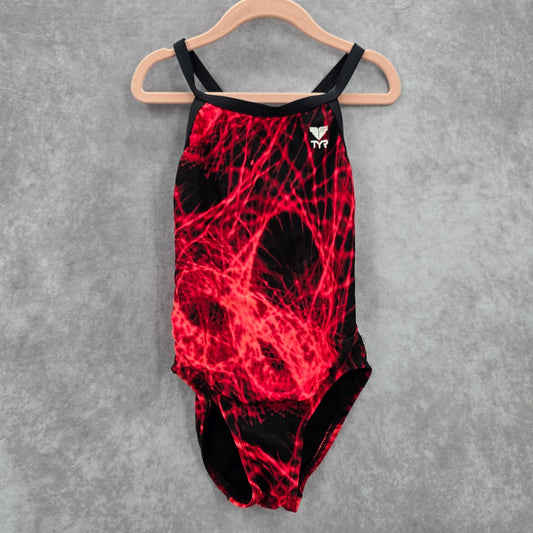 TYR Red Black One Piece Swimsuit Girls Toddler Leotard Crisscross Tie Dye 22