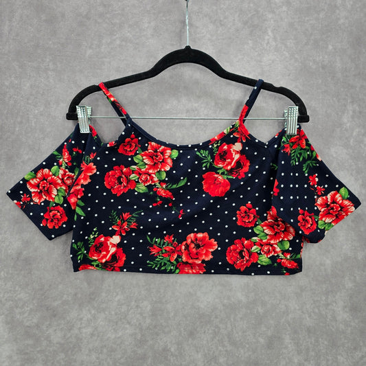Objex Navy Blue Floral Polka Dot Cold Short Cropped Top Blouse Extra Large XL