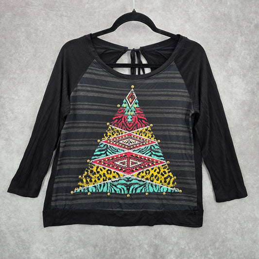 The Classic Black Open Back Tie Christmas Tree Stripe Top Y2K Blouse Medium