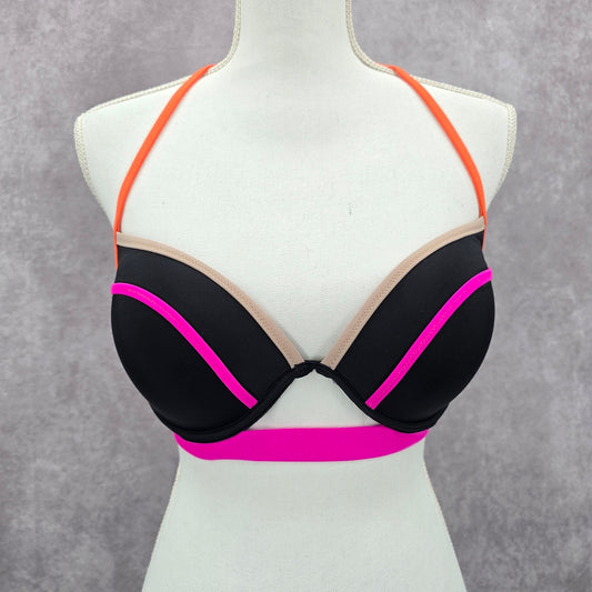 Victoria's Secret Black Pink Padded Bikini Top Halter Cutout Swimwear 34D