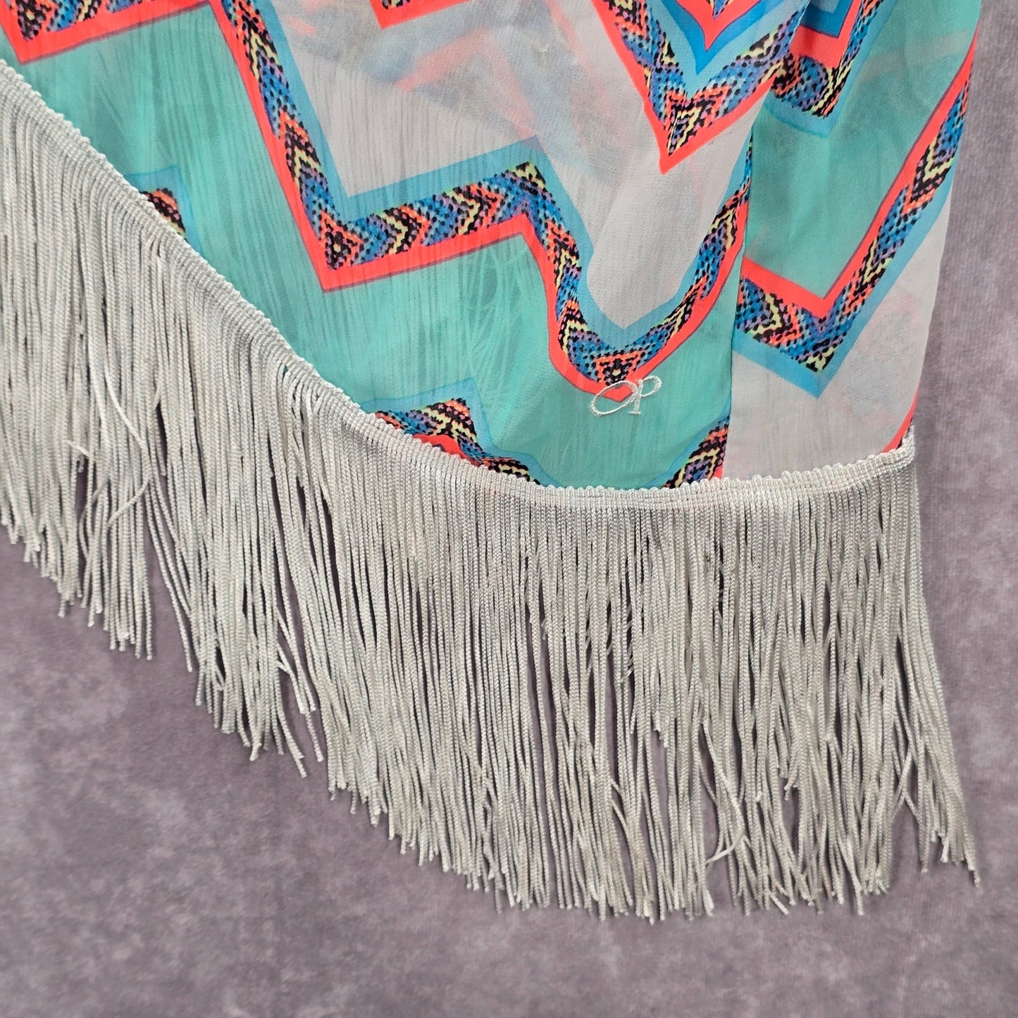 OP White Chevron Wrap Fringe Boho Beach Swim Cover Up Duster Kimono Medium M 7-9