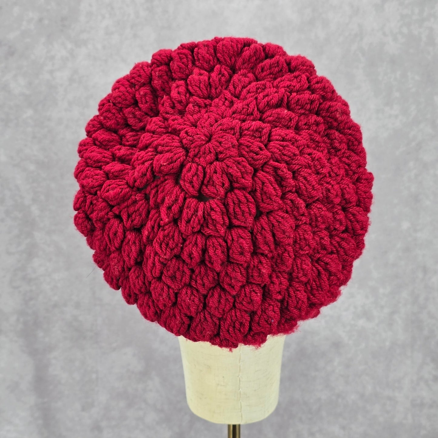 Red Crochet Beret Knit Bucket Cap Hat Fun Vintage Y2K Funky Beanie
