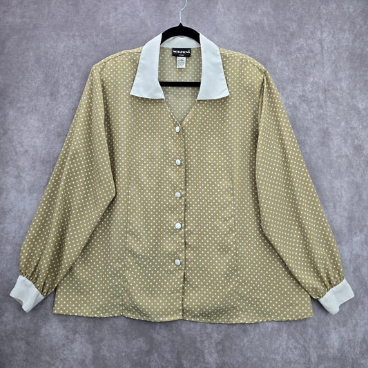 Notations Cream Tan White Polka Dot Button Retro Padded Top Blouse Plus 18W