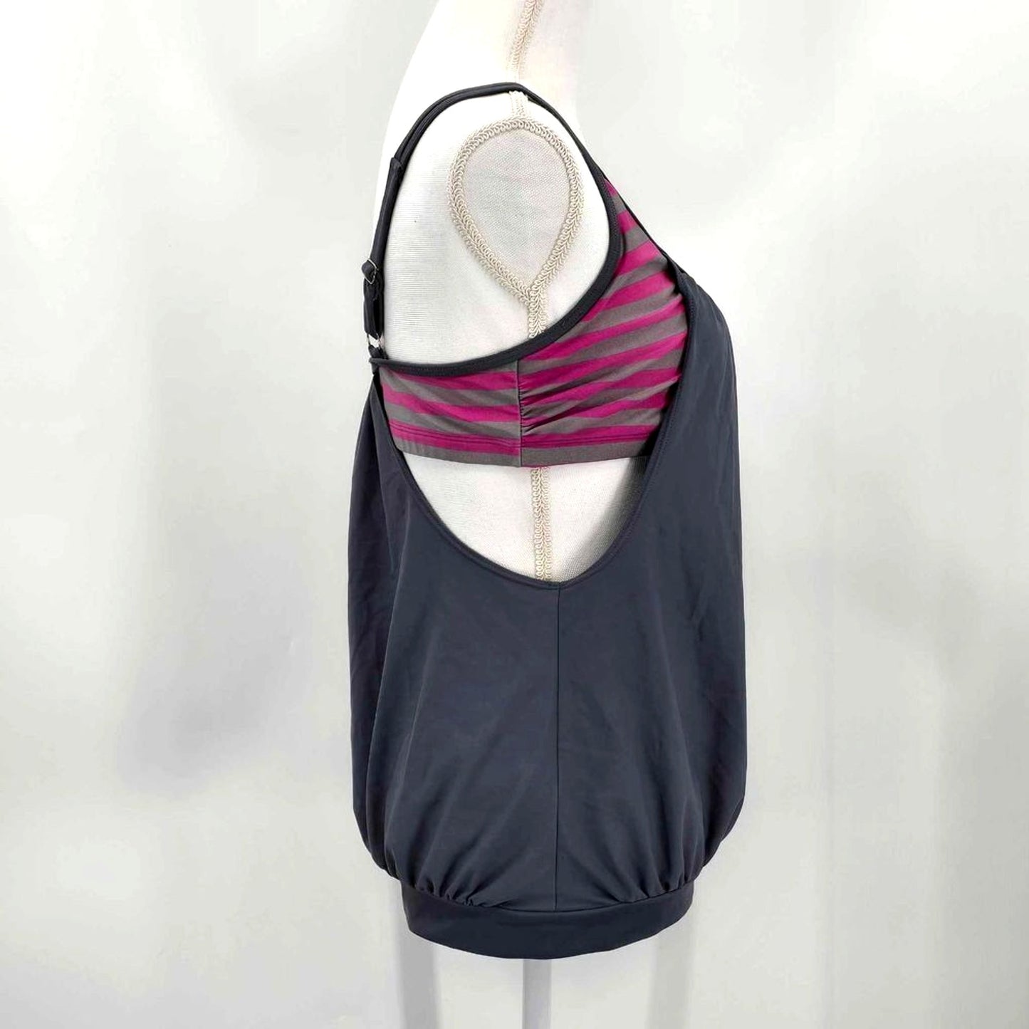 Gray Pink Stripe Tankini Top Bra Swimsuit Swimwear Adjustable Size Medium
