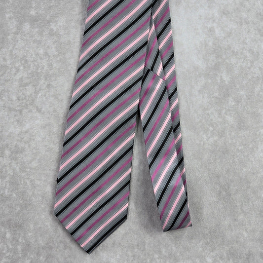Geoffrey Beene Gray Pink Black Purple Stripe Geometric 100% Silk Neck Tie NWOT