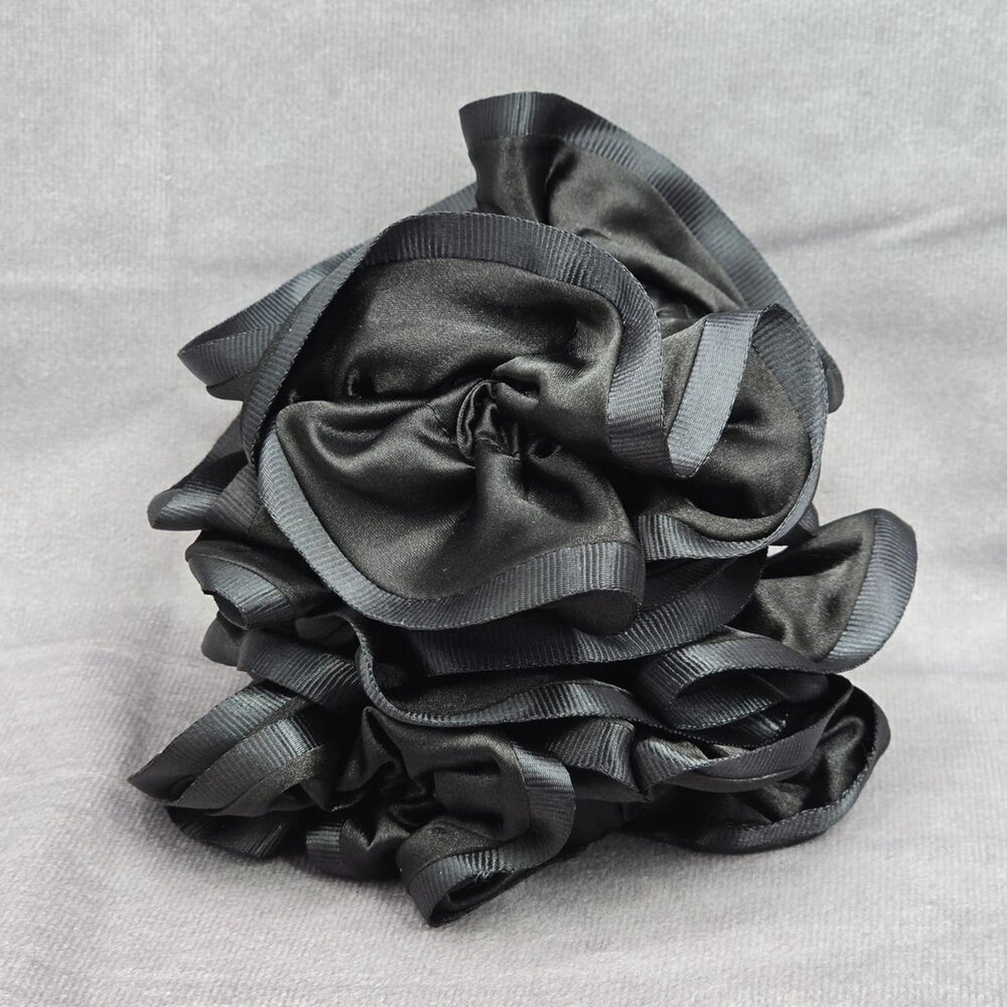 Black Ruffles Silk Satin Hair Tie Accessories Scrunchie Handmade SB24