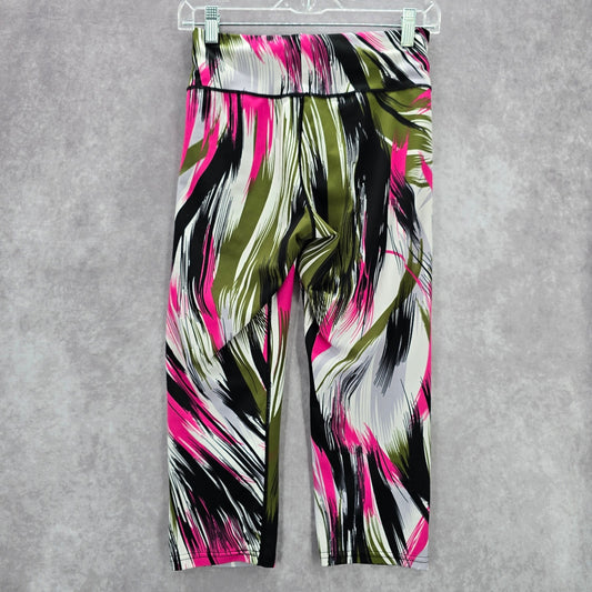 Green Pink Print Capri Cropped Stretch Active Pants Bottoms Leggings M/L