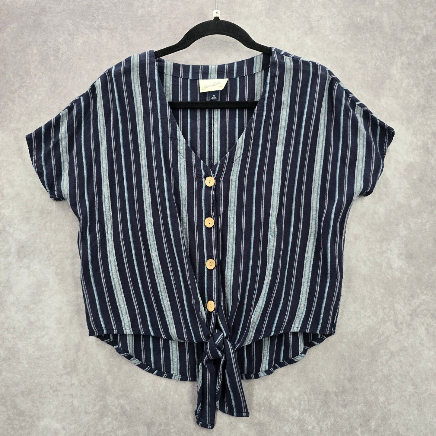 Universal Thread Blue Stripes Tie Front Button Down Top Blouse Size XS